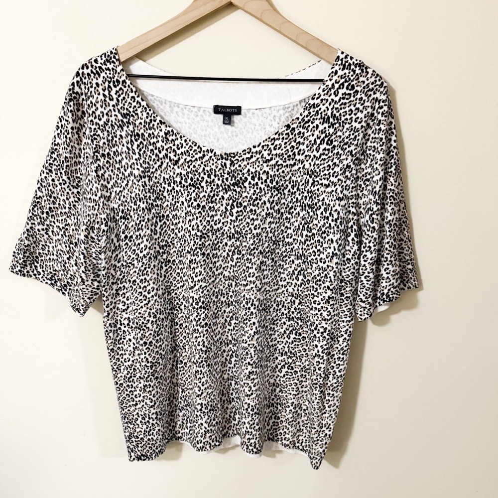 Talbots Womens Leopard Print Half Sleeve Sweater Top Shirt Size XL Office